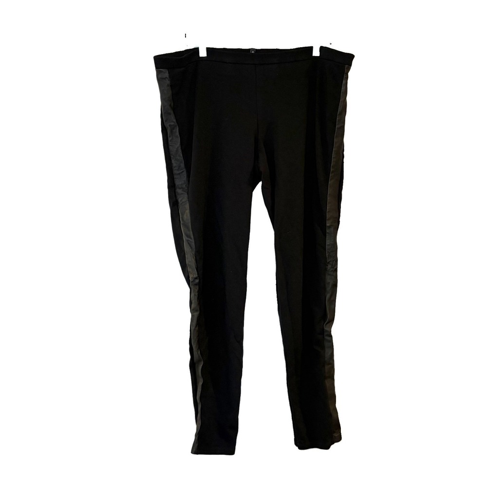 EILEEN FISHER Black 100% Leather Tuxedo Stripe Ponte Pull On Legging Pants L